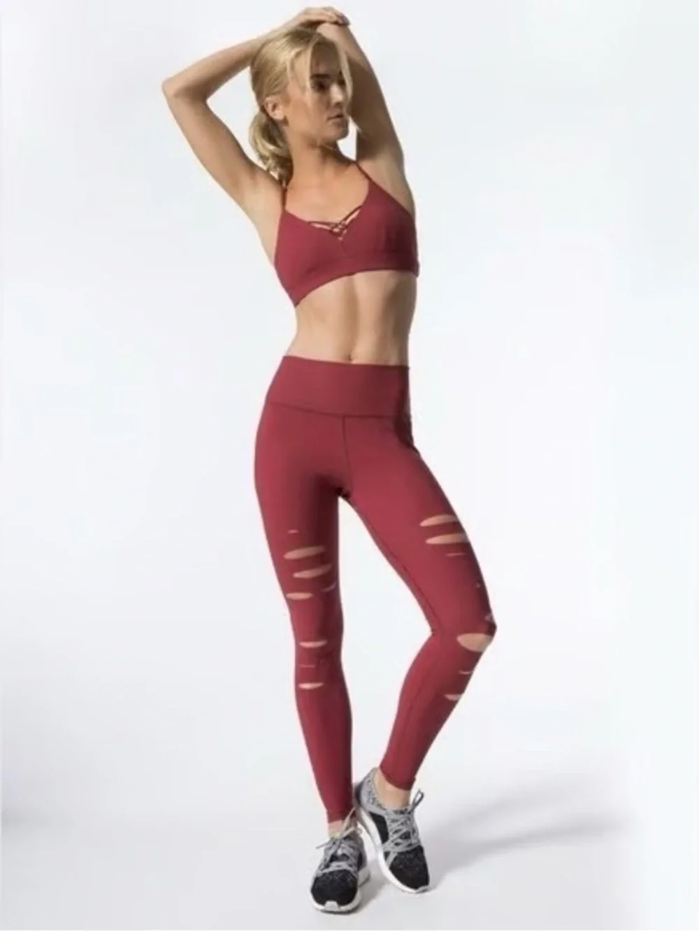 Alo Yoga High Waisted Ripped Warrior Leggings in Red-size Medium *NEW w/o tags*